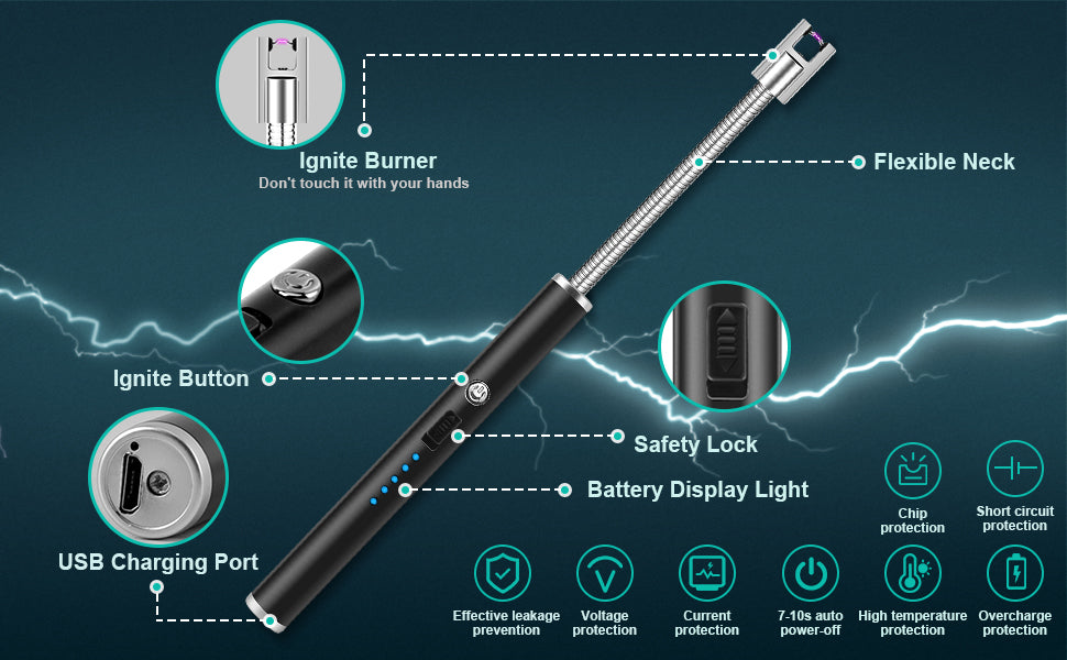 USB Rechargeable Electric LED Display Stick Windproof Lighter with Long Flexible Neck